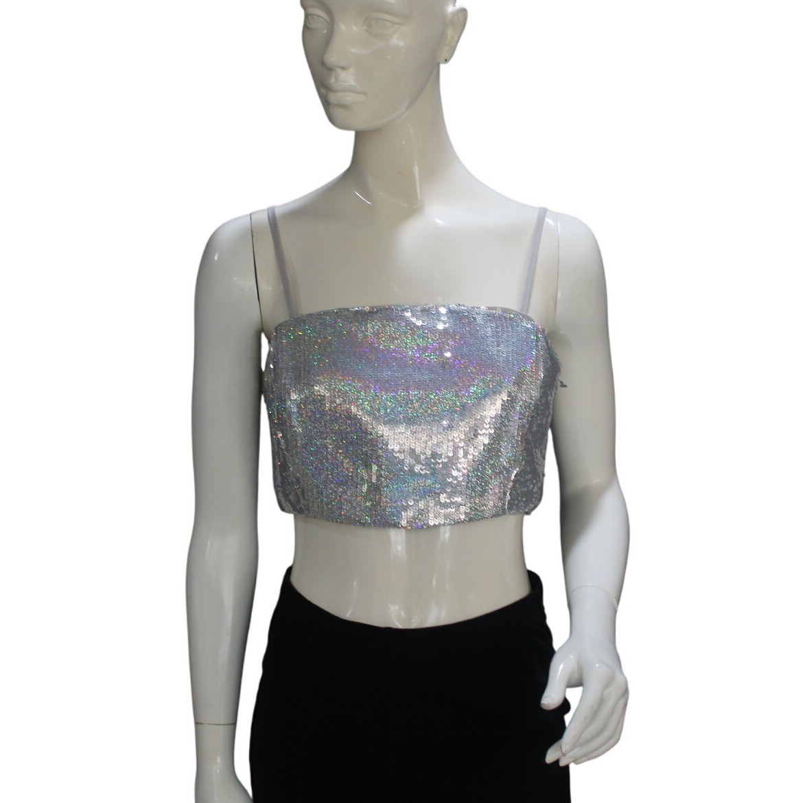Gb Silver Sequin Crop Top Bandeau Style Spaghetti Straps Size M Nwt
